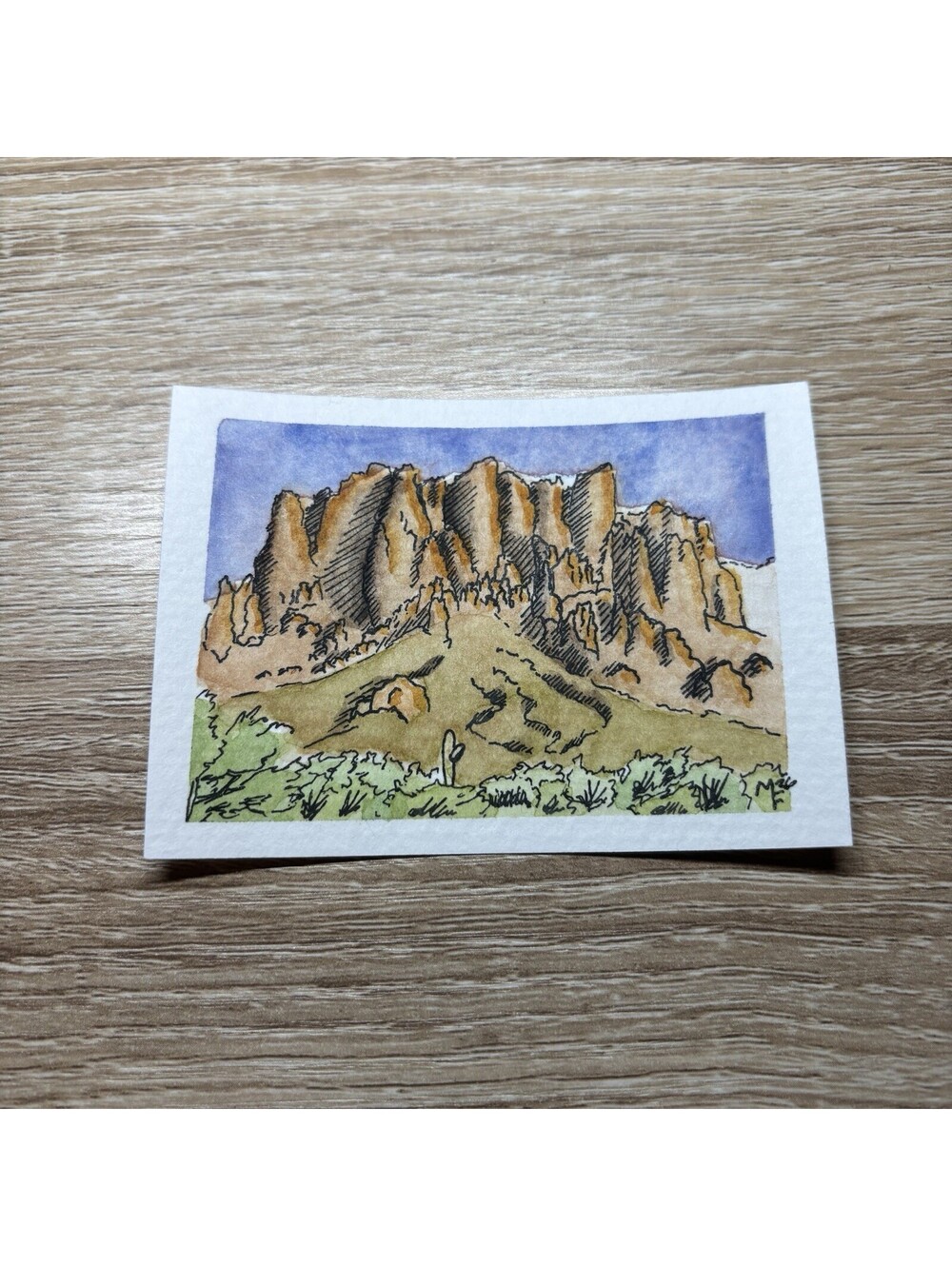 Superstition Mountain AZ Original Watercolor Ink ACEO ATC Mini Art Painting 1/1